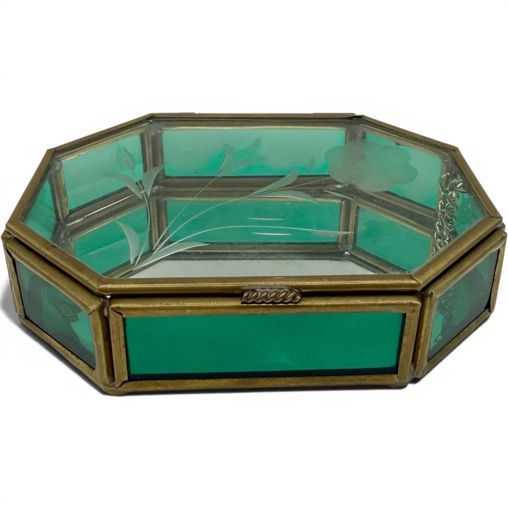 Vintage Emerald Green Glass Jewelry Trinket Box Etched Floral Brass Via Vermont